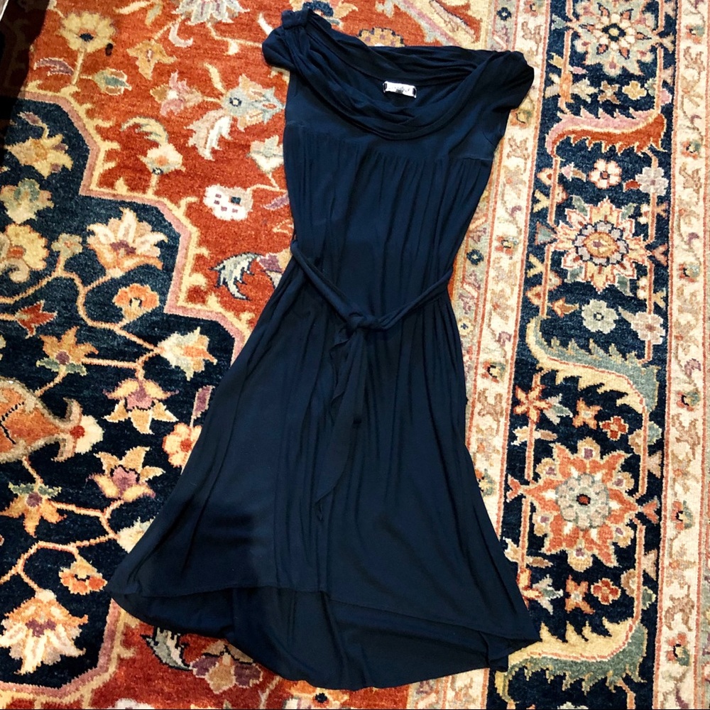 Sweeties knit cowl neck tie waist navy dress